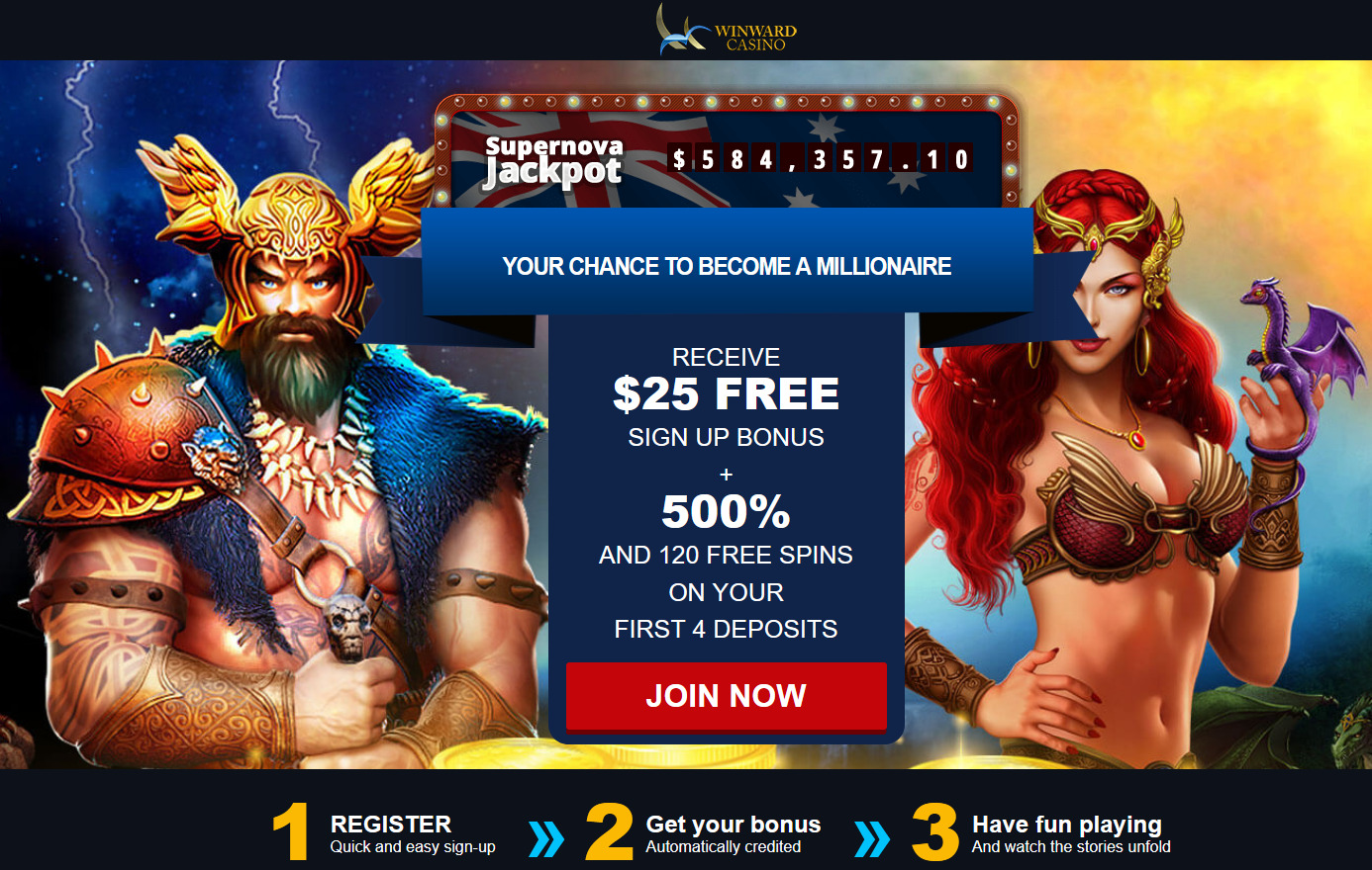 Receive $25 Free Sign Up Bonus + 500% and 120 free spins on your first 4 deposits